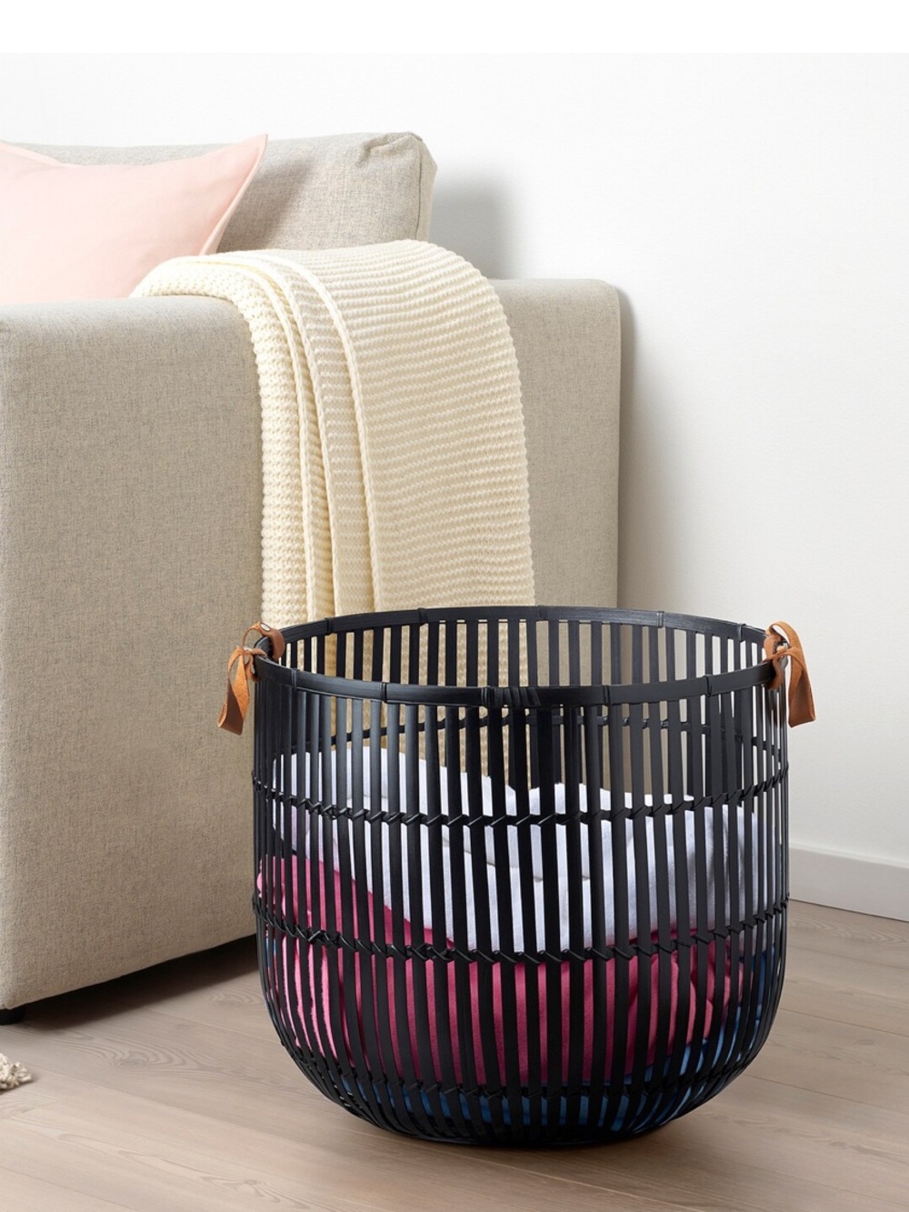 IKEA HURRING HANDWOVEN BAMBOO BASKET LEATHER HANDLES BLANKET LAUNDRY DECOR